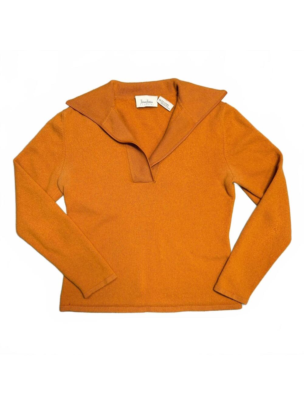 Womens Neiman Marcus Orange Cashmere Pullover Sweater with Collar